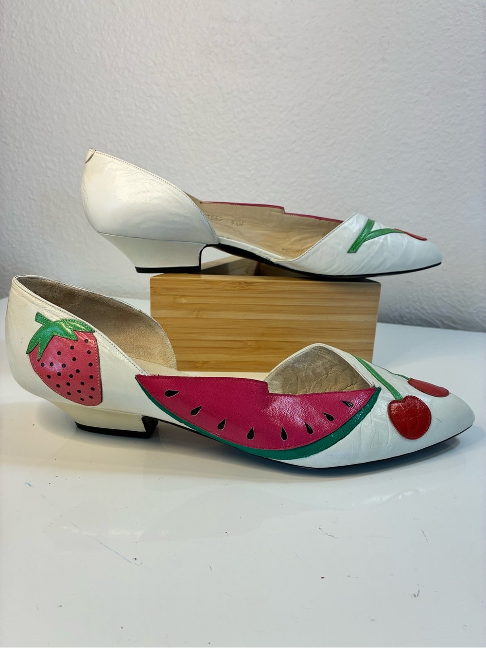 VTG Zalo White Leather Fruit Appliqué Pointed Toe Flats with Pink & Red Accents